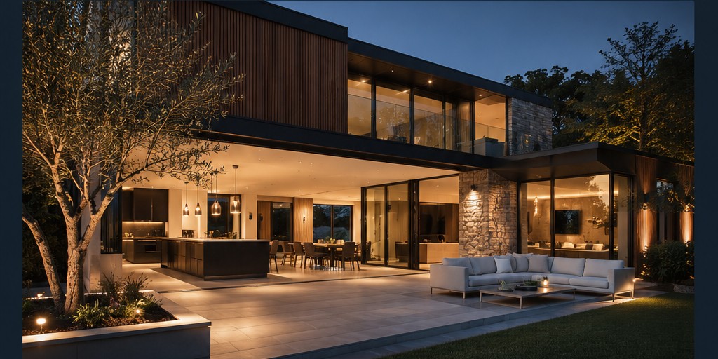 A modern two-storey home at twilight with warm interior lighting and a paved patio