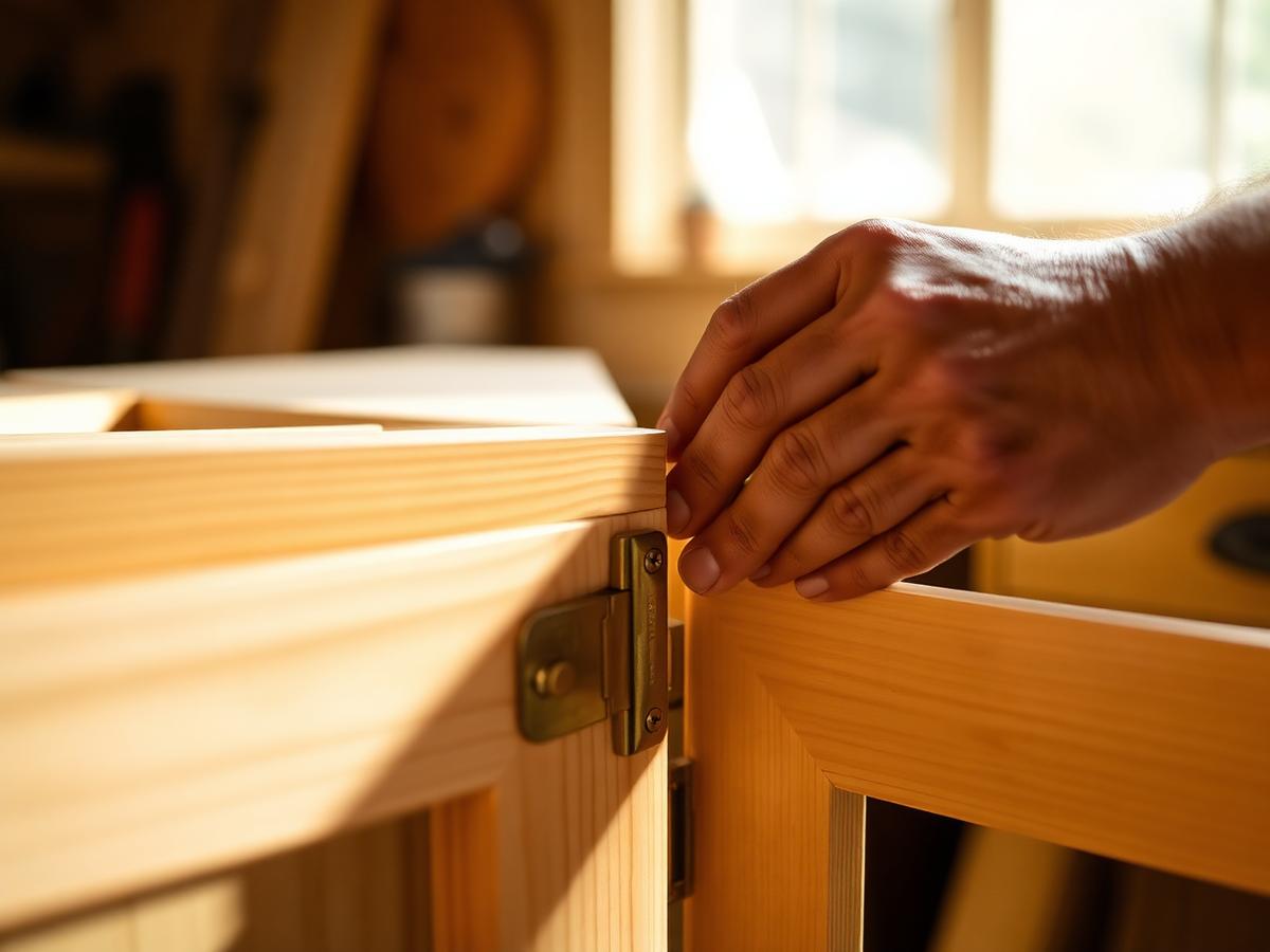 A carpenter fitting custom cabinetry by hand with brass hinges