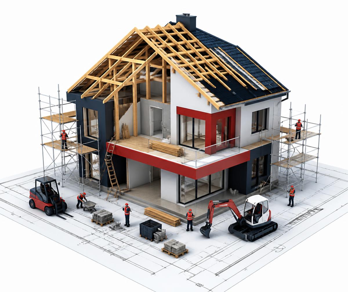 Isometric cutaway of a house under construction on architectural blueprints